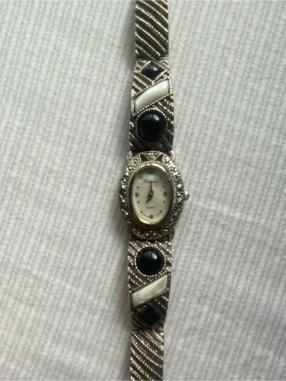 Vintage Silver Watch with Black and White Quartz Inlay